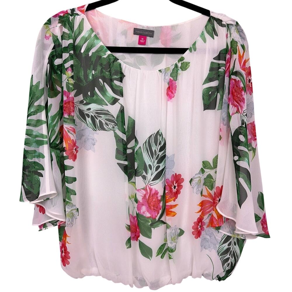 Vince Camuto Coastal Boho Tropical Billowy Batwing Bubble Hem Chiffon Blouse M